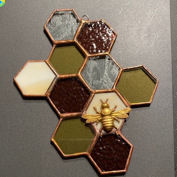 Stained Glass Honeycomb w/ Brass Bee - Picture 3 of 4